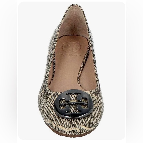 Tory Burch Reva Ballet Flats in Cobra Print Black Natural with Pewter Logo 8 - Picture 2 of 6